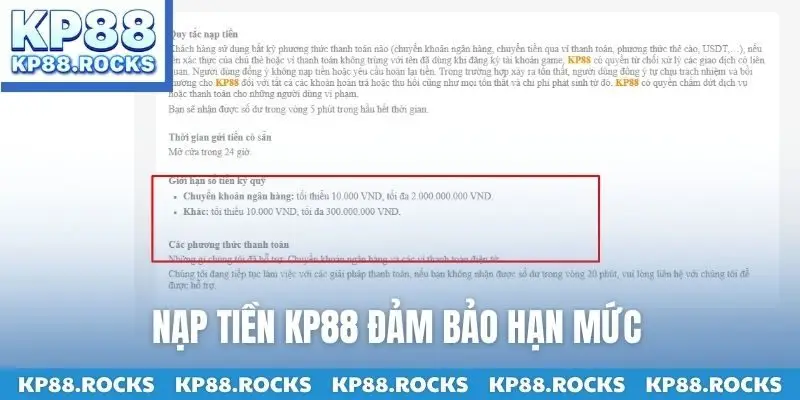 Nạp tiền KP88 đảm bảo hạn mức